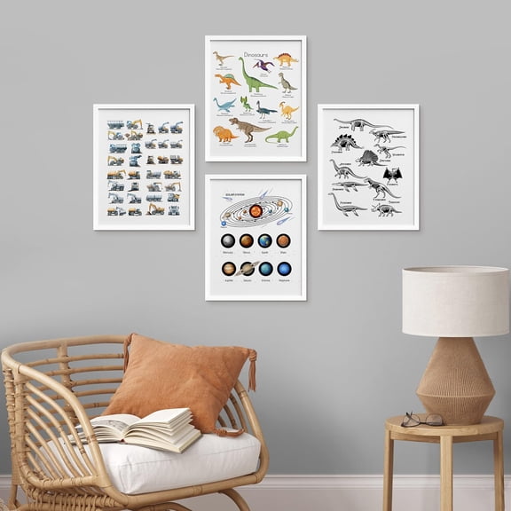 PixonSign Framed Wall Art, Dinosaur Planet Solar System Chart Posters, Adhesive Canvas Prints, Set of 4 Boy's Bedroom Illustration Wall Decor, Contemporary Décor for Living Room - 12"x16" White