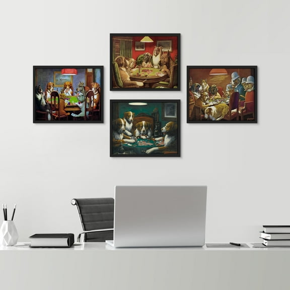 PixonSign Framed Wall Art Whimsical Dog Playing Poker Game Posters, Set of 4 Humorous Canine-Themed Fine Art Vintage Canvas Prints, Grotesque Wall Décor for Home Decor - 12"x16" Black