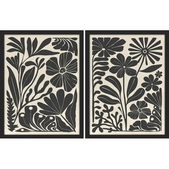 PixonSign Framed Wall Art Duotone Abstract Floral Posters, Set of 2 Nature Wilderness Flower Botanical Illustrations Wall Decor, Adhesive Canvas Prints for Home Decor - 12"x16" Black