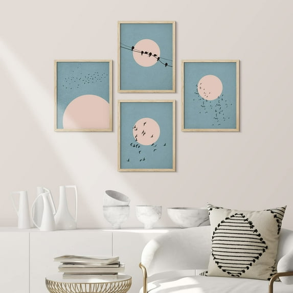 PixonSign Framed Wall Art Duotone Bird Flying in Sky and Telephone Wire Prints, Set of 4 Nature Wildernes Paintings, Minimalism Wall Décor, Adhesive Canvas Poster for Home Decor -