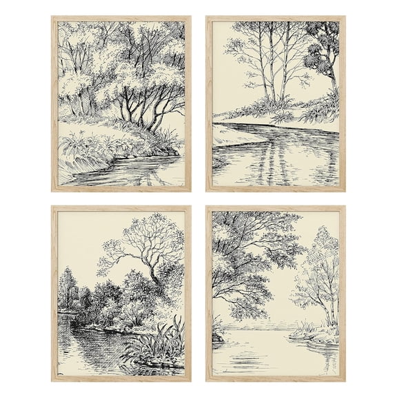 PixonSign Framed Wall Art Duotone Storybook Forest Tree Landscapes Posters, Set of 4 Nature Wilderness Sketch Botanical Canvas Prints, Rustic Wall Décor for Home Decor - 8"x10" Natural