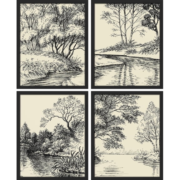 PixonSign Framed Wall Art Duotone Storybook Forest Tree Landscapes Posters, Set of 4 Nature Wilderness Sketch Botanical Canvas Prints, Rustic Wall Décor for Home Decor - 8"x10" Black