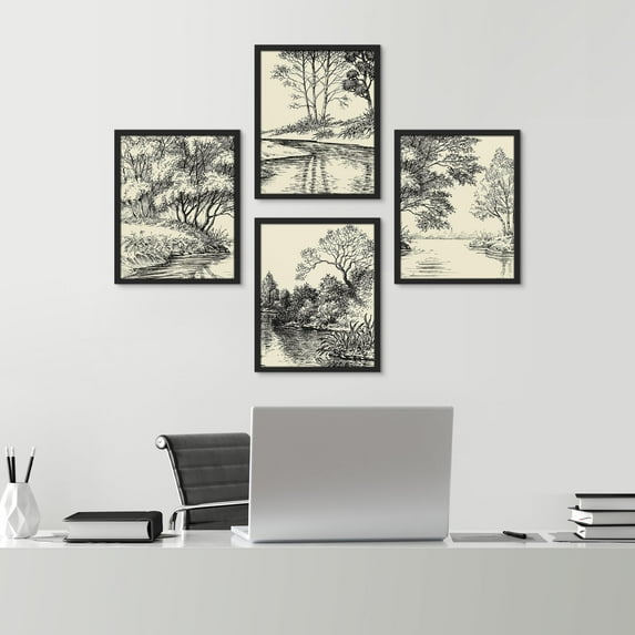 PixonSign Framed Wall Art Duotone Storybook Forest Tree Landscapes Posters, Set of 4 Nature Wilderness Sketch Botanical Canvas Prints, Rustic Wall Décor for Home Decor - 12"x16" Black