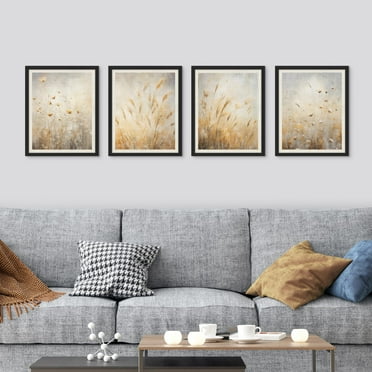 PixonSign Framed Wall Art Ears of Golden Wheat Close up Prints, Set of 4 Nature Wildernes Paintings, Farmhouse Rustic Wall Décor, Plants Adhesive Canvas Poster for Home Decor - 12"x16" Black
