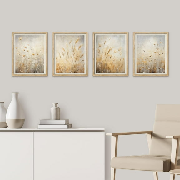 PixonSign Framed Wall Art Ears of Golden Wheat Close up Prints, Set of 4 Nature Wildernes Paintings, Farmhouse Rustic Wall Décor, Plants Adhesive Canvas Poster for Home Decor - 11"x14" Natural