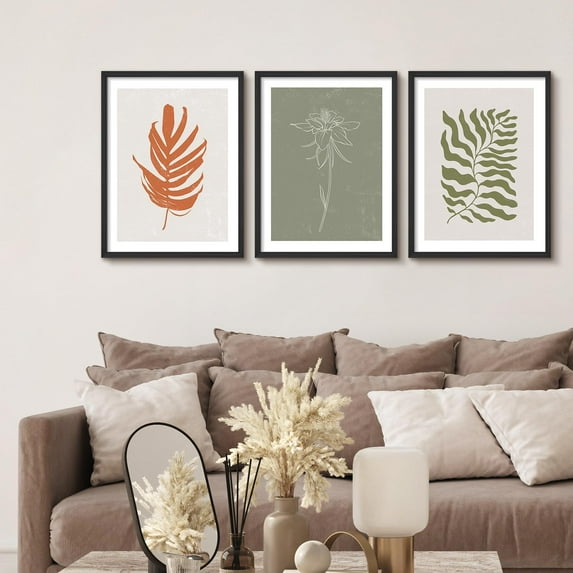 PixonSign Framed Wall Art Earth Tone Botanical Collection Posters, Set of 3 Minimalist Modern Abstract Shape Illustrations Wall Decor, Adhesive Canvas Prints for Home Decor - 8"x10" Black