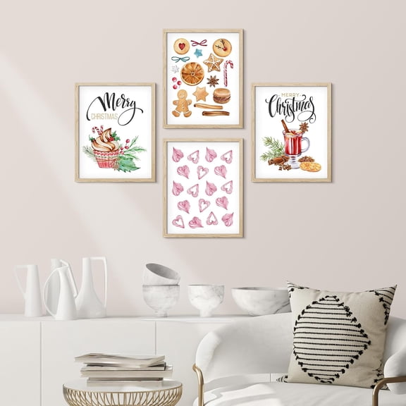 PixonSign Framed Wall Art Eggnog, Gingerbread, Cake, Drink Posters, Set of 4 Celebrations & Holidays Seasonal Illustrations Wall Decor, Adhesive Canvas Prints for Home Decor - 8"x10" Natural