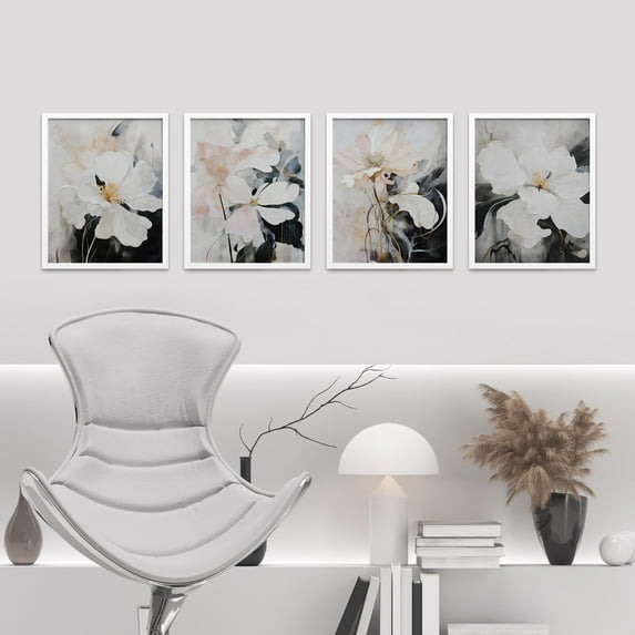 PixonSign Framed Wall Art Elegant Magnolia Prints, Set of 4 Watercolor Soft Floral Paintings, Nature Wilderness Wall Décor, Vintage Retro Adhesive Canvas Posters for Bedroom - 11"x14" White