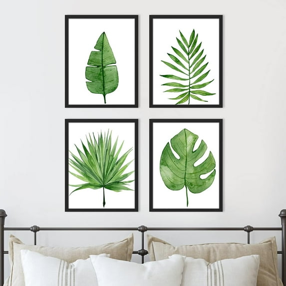 PixonSign Framed Wall Art Emerald Green Jungle Plants Print, Set of 4 Nature Wilderness Wall Decor Prints, Adhesive Canvas Poster, Modern Leaves Artwork for Bedroom, Office - 12"x16" Black