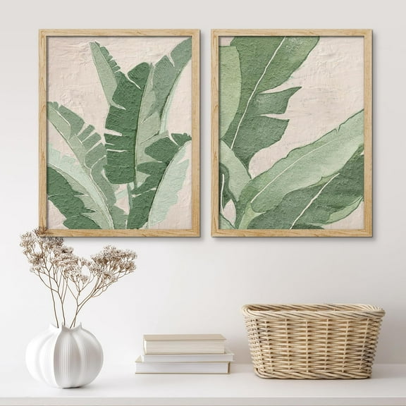 PixonSign Framed Wall Art Emerald Green Pastel Botanical Posters, Set of 2 Tropical Leaf Modern Art Boho Illustrations Wall Decor, Adhesive Canvas Prints for Home Decor - 11"x14" Natural