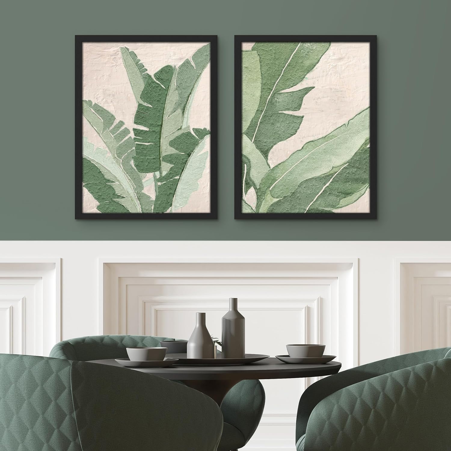 PixonSign Framed Wall Art Emerald Green Pastel Botanical Posters, Set ...