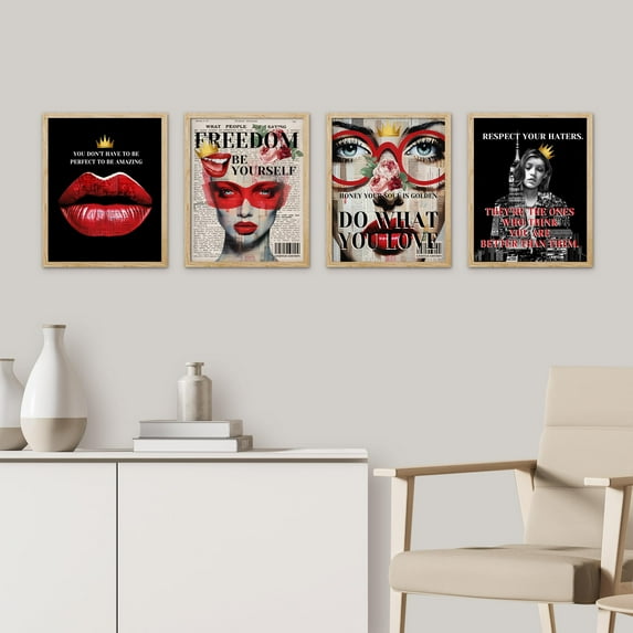 PixonSign Framed Wall Art Empowerment and Self-Love Bold Typography and Pop Art Posters, Set of 4 Dark Fashion Girls Inspirational Modern Canvas Prints for Home Decor - 8"x10" Natural
