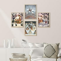 PixonSign Framed Wall Art European Cottage Christmas Storybook, Set of 4 Winter Snow Citycape Wall Decor Arts, Floral Wall Décor, Adhesive Canvas Poster, Modern Home Artwork - 11"x14" Natural