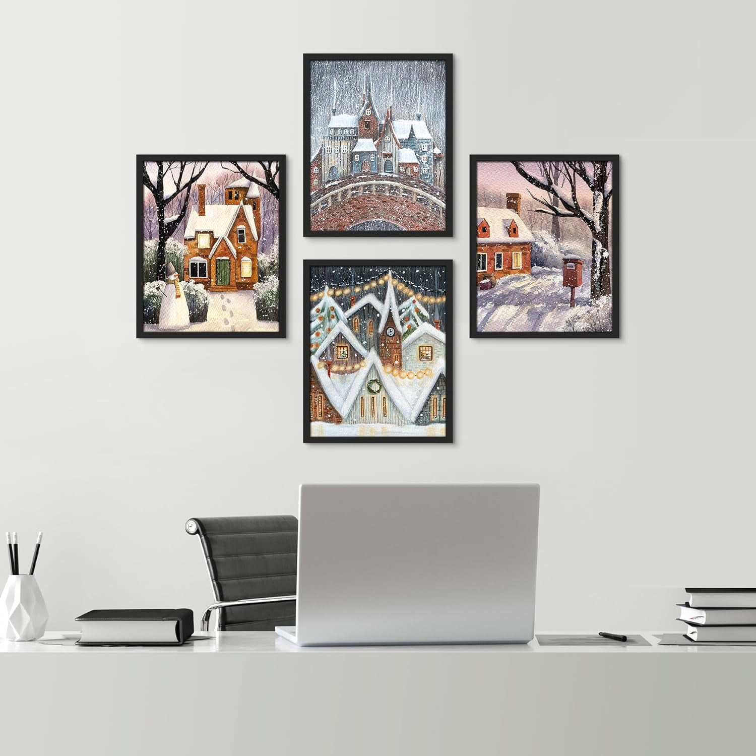 PixonSign Framed Wall Art European Cottage Christmas Storybook, Set of