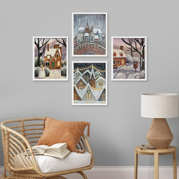 PixonSign Framed Wall Art European Cottage Christmas Storybook, Set of 4 Winter Snow Citycape Wall Decor Arts, Floral Wall Décor, Adhesive Canvas Poster, Modern Home Artwork - 11"x14" White