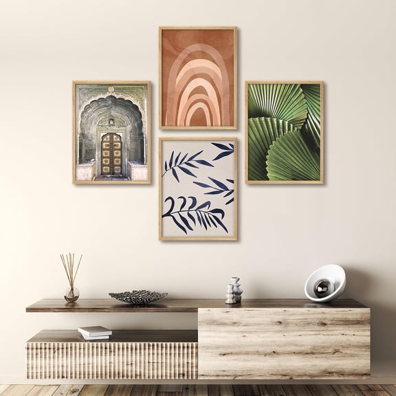 PixonSign Framed Wall Art Exotic and Posters, Set of 4 Doorway, Abstract Arches, Leaves Illustrations Wall Decor, Vintage Adhesive Canvas Prints for Home Decor - 8"x10" Natural