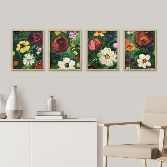 PixonSign Framed Wall Art Expressive Floral Paintings Bold Garden Blooms Vibrant Nature Inspired Illustrations Posters, Set of 4 Nature Wilderness Canvas Prints for Home Decor - 11"x14" Natural
