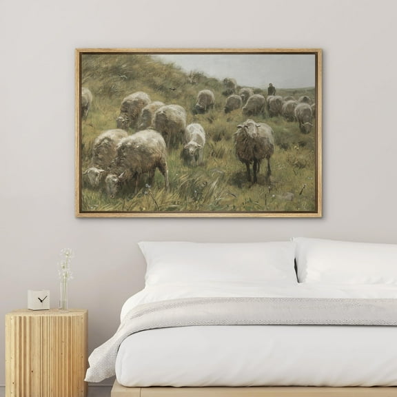 PixonSign Framed Wall Art Farmer's Sheep Grazing in Long Grass Antique Vintage Botanical Nature Landscape Artwork Oil Paintings Modern Scenery Canvas Prints Colorful for Rooms - 24"x36" Natural