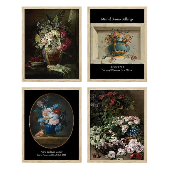 PixonSign Framed Wall Art Flower Bouquet Variety Posters, Set of 4 Nature Wilderness Renaissance Botanical Illustrations Wall Decor, Adhesive Canvas Prints for Home Decor - 11"x14" Natural