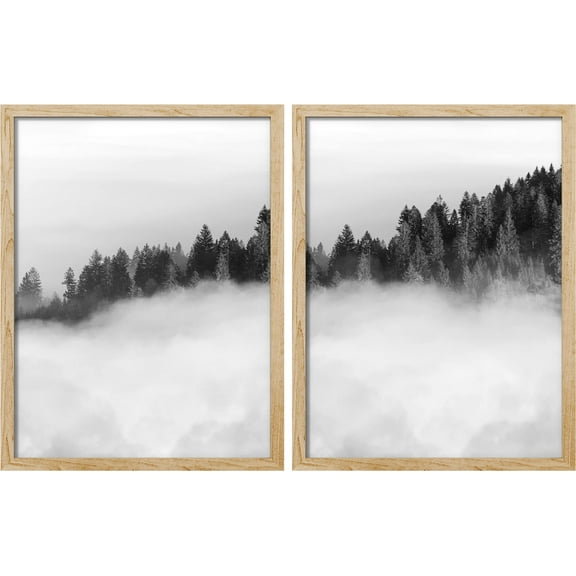 PixonSign Framed Wall Art Fog Mountain Forest Posters, Set of 2 Nature Wilderness Misty Black & White Landscape Illustrations Wall Decor, Adhesive Canvas Prints for Home Decor - 11"x14" Natural