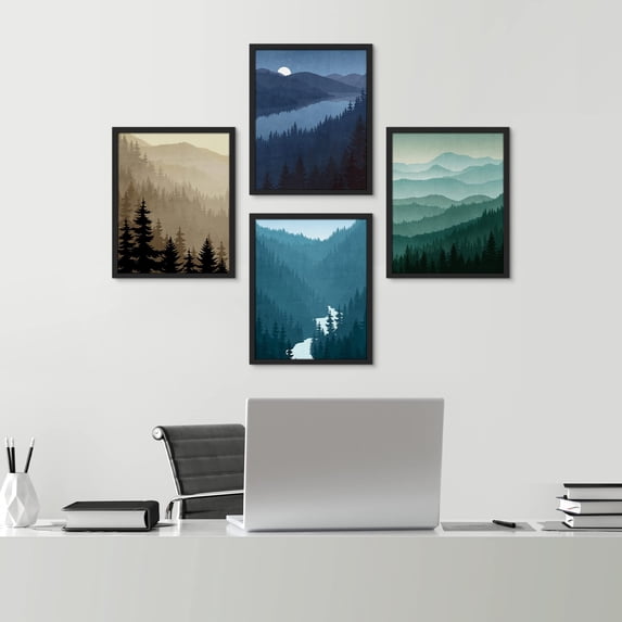 PixonSign Framed Wall Art Forest Mountain Silhouette Landscape Prints, Set of 4 Nature Wall Decor Arts, Landscape Wall Décor, Adhesive Canvas Poster, Modern Home Artwork - 11"x14" Black