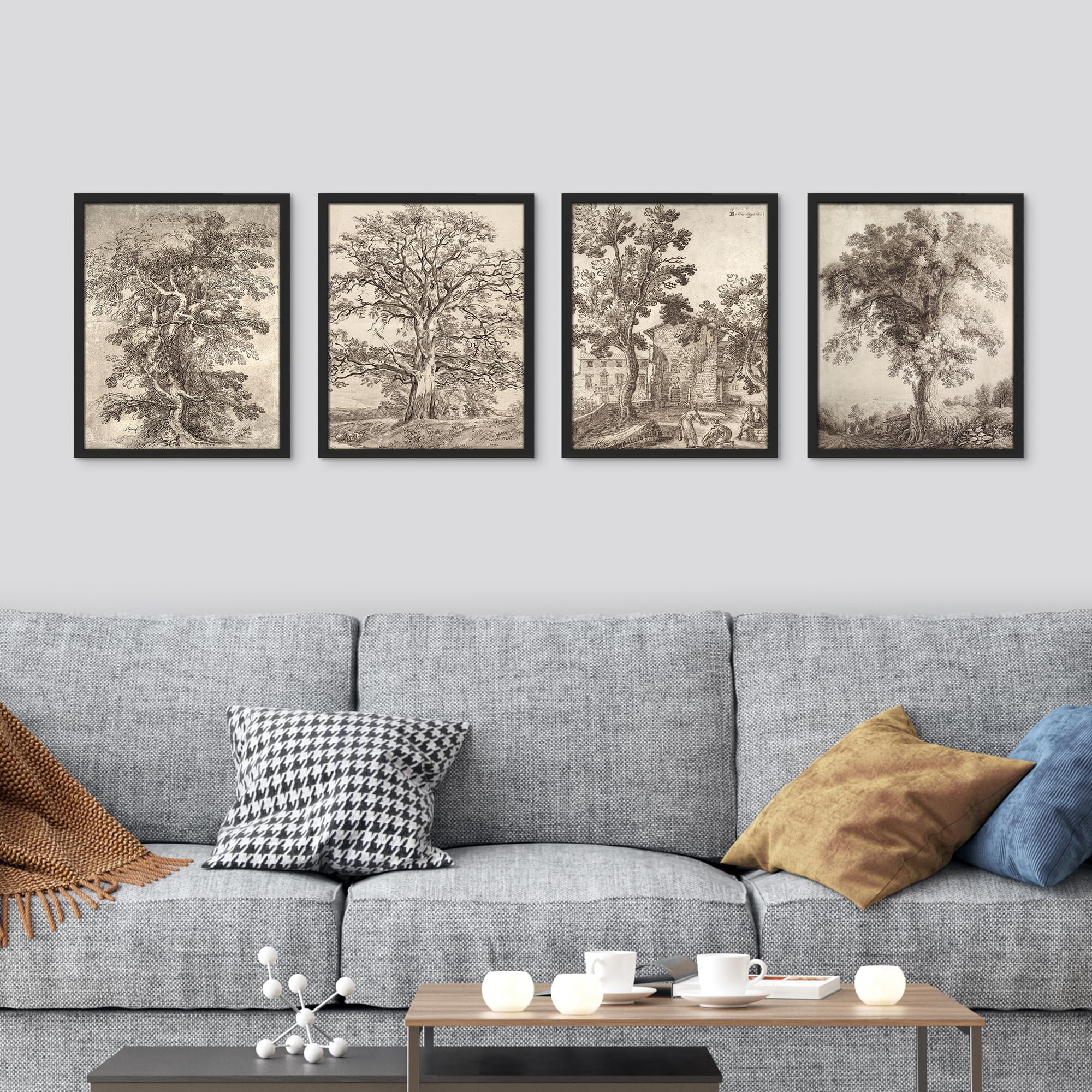 PixonSign Framed Wall Art Forest Tree Sketches Sepia Duotone