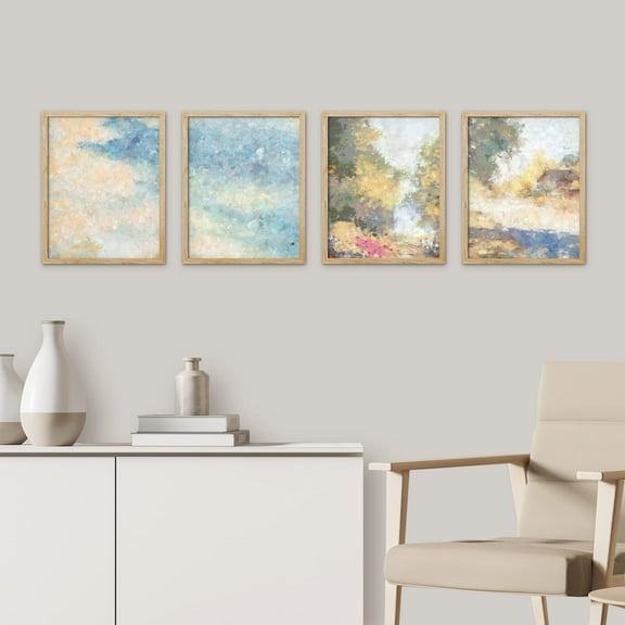 PixonSign Framed Wall Art Forest Trees Landscape Prints, Set of 4 Collage Abstract Pastel Paintings, Multicolor Wall Décor, Farmhouse/Country Vintage Adhesive Canvas Posters - 11"x14" Natural