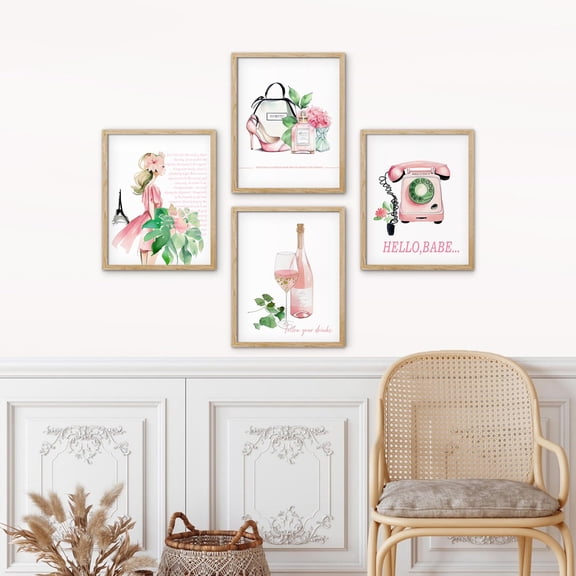 PixonSign Framed Wall Art France Paris Eiffel Tower Telephone High Heel Posters, Set of 4 Girl's Bedroom Preppy Room Decor Pink Digital Art, Minimalism Canvas Prints for Home Decor - 8"x10" Natural