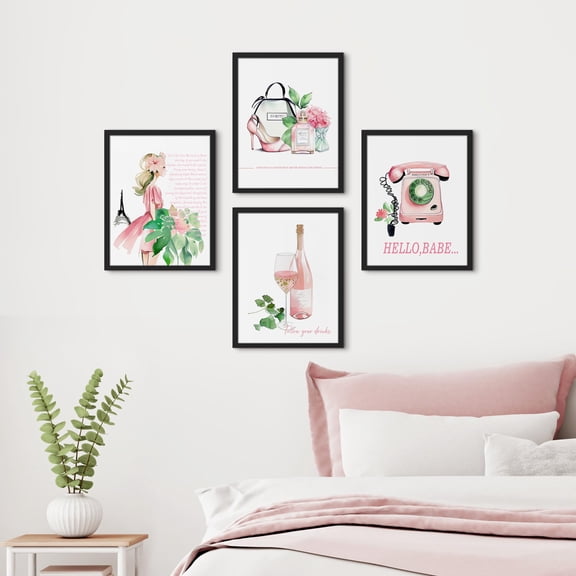 PixonSign Framed Wall Art France Paris Eiffel Tower Telephone High Heel Posters, Set of 4 Girl's Bedroom Preppy Room Decor Pink Digital Art, Minimalism Canvas Prints for Home Decor - 12"x16" Black