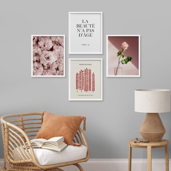 PixonSign Framed Wall Art French Typography Pink Rose Flowers Posters, Set of 4 Abstract Botanical & Words Illustrations Wall Decor, Adhesive Canvas Prints for Home Decor - 8"x10" White