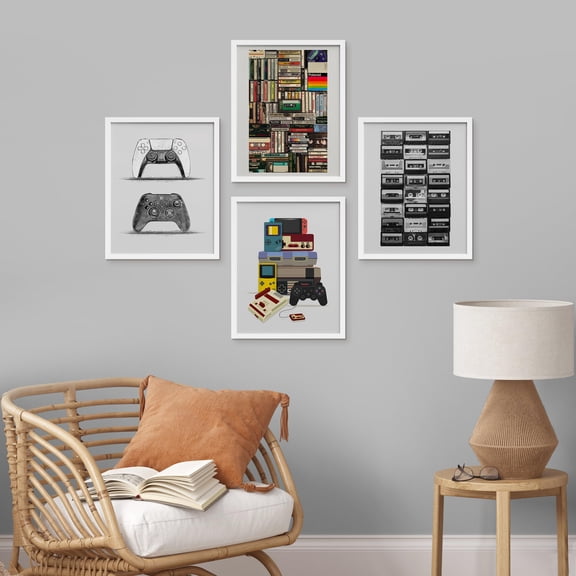 PixonSign Framed Wall Art Gamepad & Books Realism Posters, Set of 4 Vintage Nostalgic Video Game Controller & Audio Tape Canvas Prints, Retro Prints Wall Décor for Home - 11"x14" White