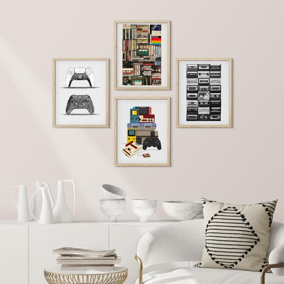 PixonSign Framed Wall Art Gamepad & Books Realism Posters, Set of 4 Vintage Nostalgic Video Game Controller & Audio Tape Canvas Prints, Retro Prints Wall Décor for Home - 12"x16" Natural