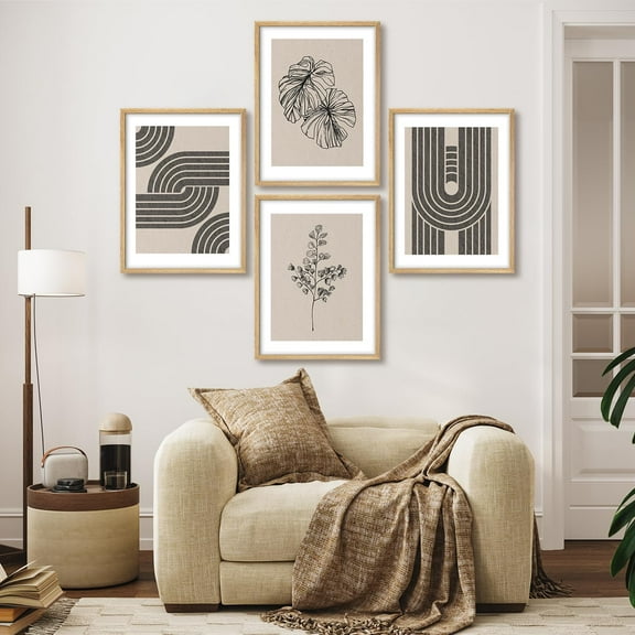 PixonSign Framed Wall Art Geometric Plant and Abstract Shape Posters, Set of 4 Black and Beige Tone Botanical Pattern Illustrations Wall Decor, Adhesive Canvas Prints for Home Decor - 11"x14" Natural