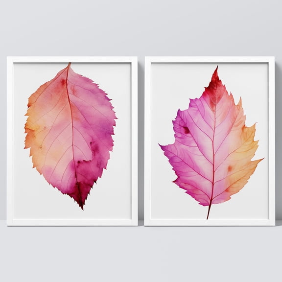 PixonSign Framed Wall Art Gradient Fall Leaves Posters, Set of 2 Nature Wilderness Floral Botanical Modern Illustrations Wall Decor, Adhesive Canvas Prints for Home Decor - 11"x14" White