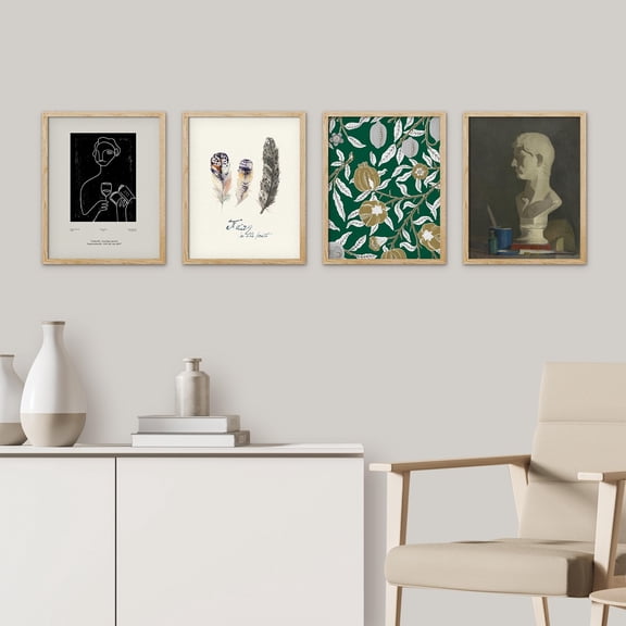 PixonSign Framed Wall Art Greek Statue Bust Bird Feather Plants Posters, Set of 4 Abstract Geometric Illustrations Wall Decor, Adhesive Canvas Prints for Home Decor - 8"x10" Natural