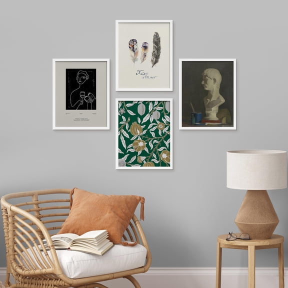 PixonSign Framed Wall Art Greek Statue Bust Bird Feather Plants Posters, Set of 4 Abstract Geometric Illustrations Wall Decor, Adhesive Canvas Prints for Home Decor - 12"x16" White