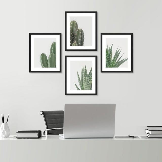 PixonSign Framed Wall Art, Green Cactus Snake Plant Posters, Set of 4 Collage Desert Landscape Prints Wall Decor, Nature Wilderness Artwork Wall Décor for Living Room, Bedroom - 12"x16" Black
