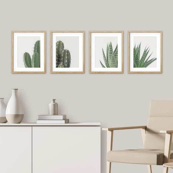 PixonSign Framed Wall Art, Green Cactus Snake Plant Posters, Set of 4 Collage Desert Landscape Prints Wall Decor, Nature Wilderness Artwork Wall Décor for Living Room, Bedroom - 8"x10" Natural