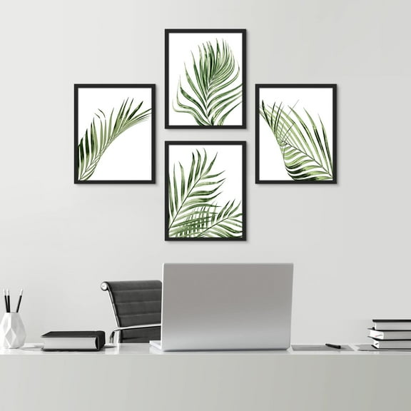 PixonSign Framed Wall Art Green Desert Palm Leaf, Set of 4 Plant Botanical Wall Decor Arts, Classic Nature Landscape Wall Décor, Adhesive Canvas Poster, Modern Home Artwork - 11"x14" Black