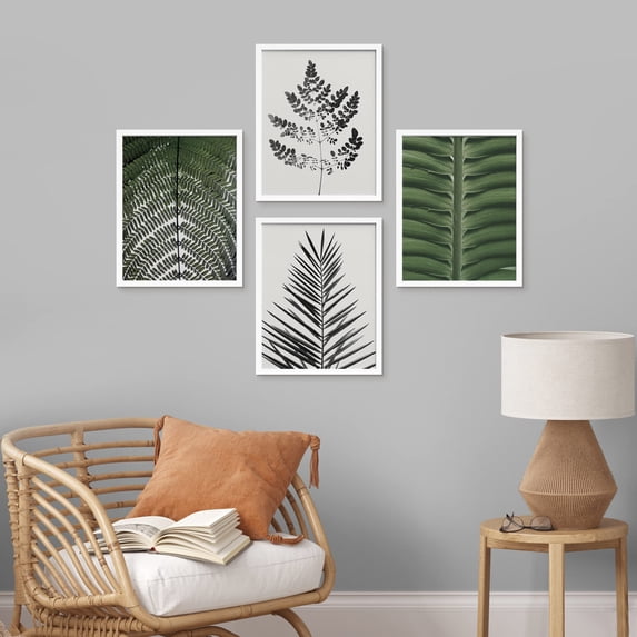 PixonSign Framed Wall Art Green Forest Fern Tree Leaf Prints, Set of 4 Plant Landscape Wall Decor Arts, Nature Floral Wall Décor, Adhesive Canvas Poster, Modern Home Artwork - 12"x16" White