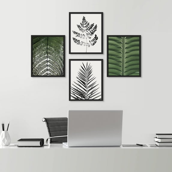 PixonSign Framed Wall Art Green Forest Fern Tree Leaf Prints, Set of 4 Plant Landscape Wall Decor Arts, Nature Floral Wall Décor, Adhesive Canvas Poster, Modern Home Artwork - 12"x16" Black