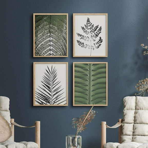 PixonSign Framed Wall Art Green Forest Fern Tree Leaf Prints, Set of 4 Plant Landscape Wall Decor Arts, Nature Floral Wall Décor, Adhesive Canvas Poster, Modern Home Artwork - 12"x16" Natural
