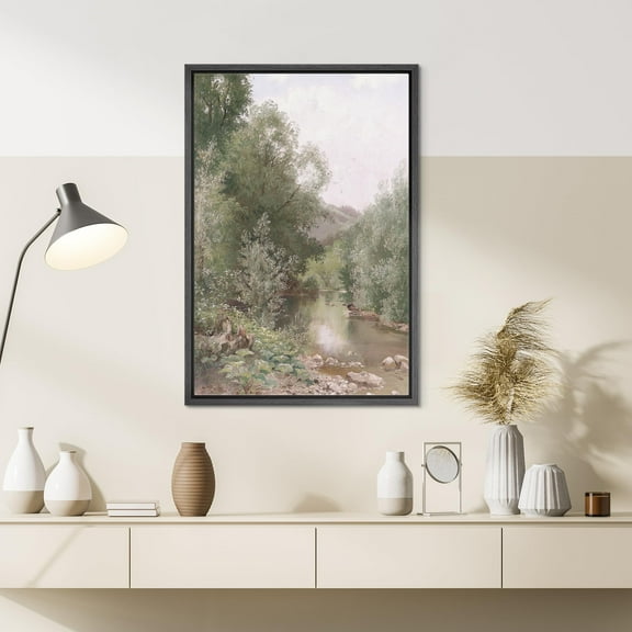 PixonSign Framed Wall Art Green Forest Tree River Landscape Floral/Botanical Nature Wilderness Artwork Vintage Oil Paintings Modern Scenery Canvas Prints Colorful for Rooms - 16"x24" Black