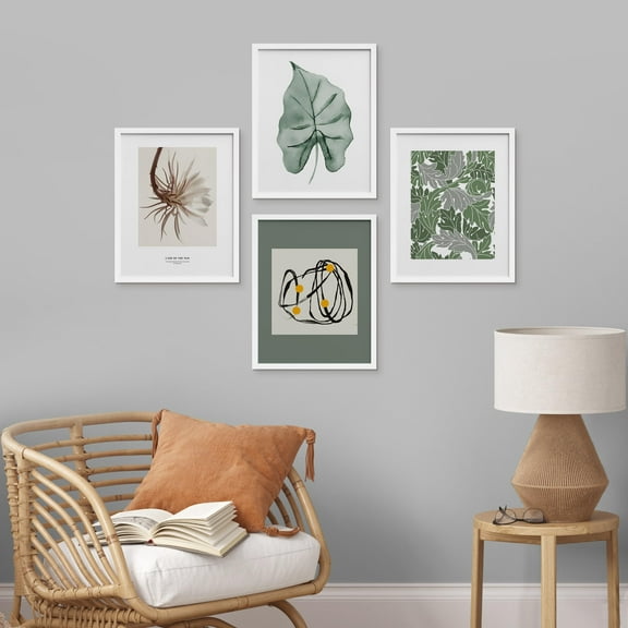 PixonSign Framed Wall Art Green Jungle Leaf Plant Posters, Set of 4 Elegant Botanical Floral & Abstract Shape Illustrations Wall Decor, Adhesive Canvas Prints for Home Decor - 8"x10" White
