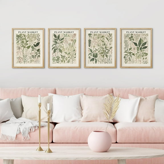 PixonSign Framed Wall Art Green Leaves Variety Posters, Set of 4 Nature Wilderness Renaissance Botanical Illustrations Wall Decor, Adhesive Canvas Prints for Home Decor - 11"x14" Natural