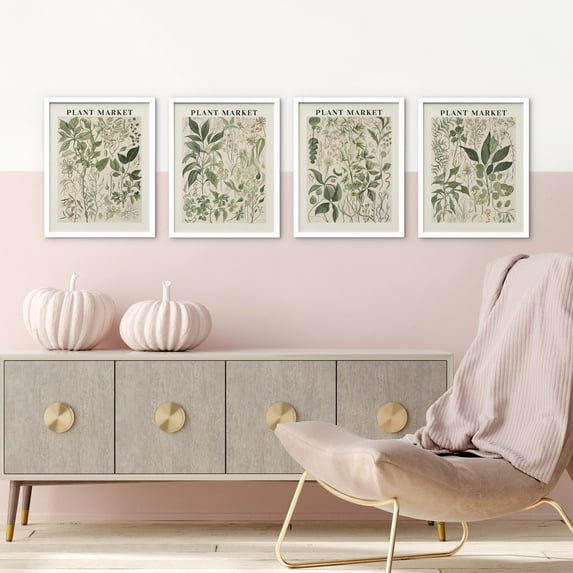 PixonSign Framed Wall Art Green Leaves Variety Posters, Set of 4 Nature Wilderness Renaissance Botanical Illustrations Wall Decor, Adhesive Canvas Prints for Home Decor - 11"x14" White