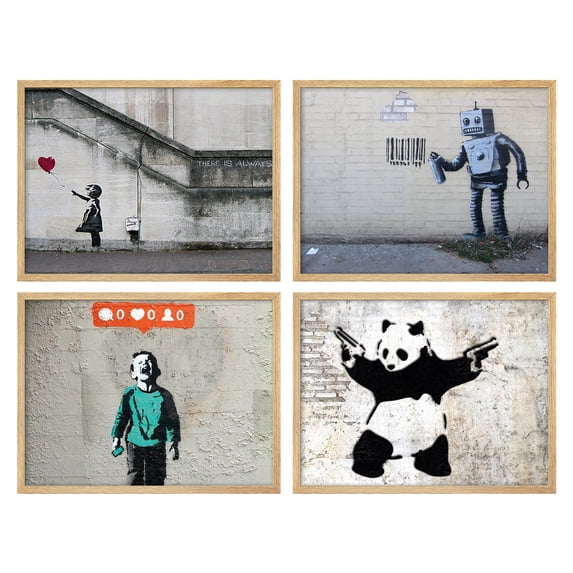 PixonSign Framed Banksy Modern Street Prints Wall Art Set of 4 - 8"x10" Natural