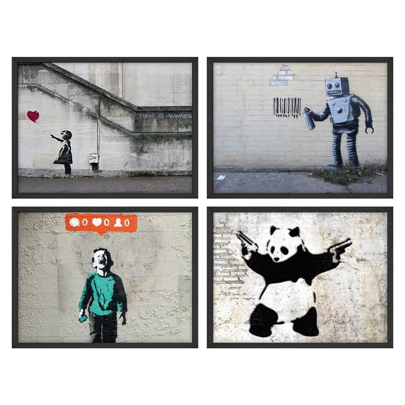 PixonSign Framed Banksy Modern Street Prints Wall Art Set of 4 - 12"x16" Black