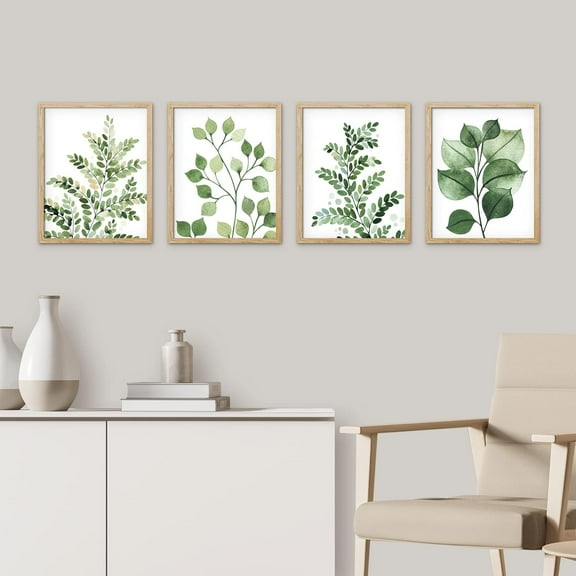 PixonSign Framed Wall Art, Green Pastel Forest Fern Leaf Posters, Set of 4 Collage Nature Garden Wall Decor Prints, Nature Wilderness Adhesive Canvas Wall Décor, Classic Artwork - 8"x10" Natural