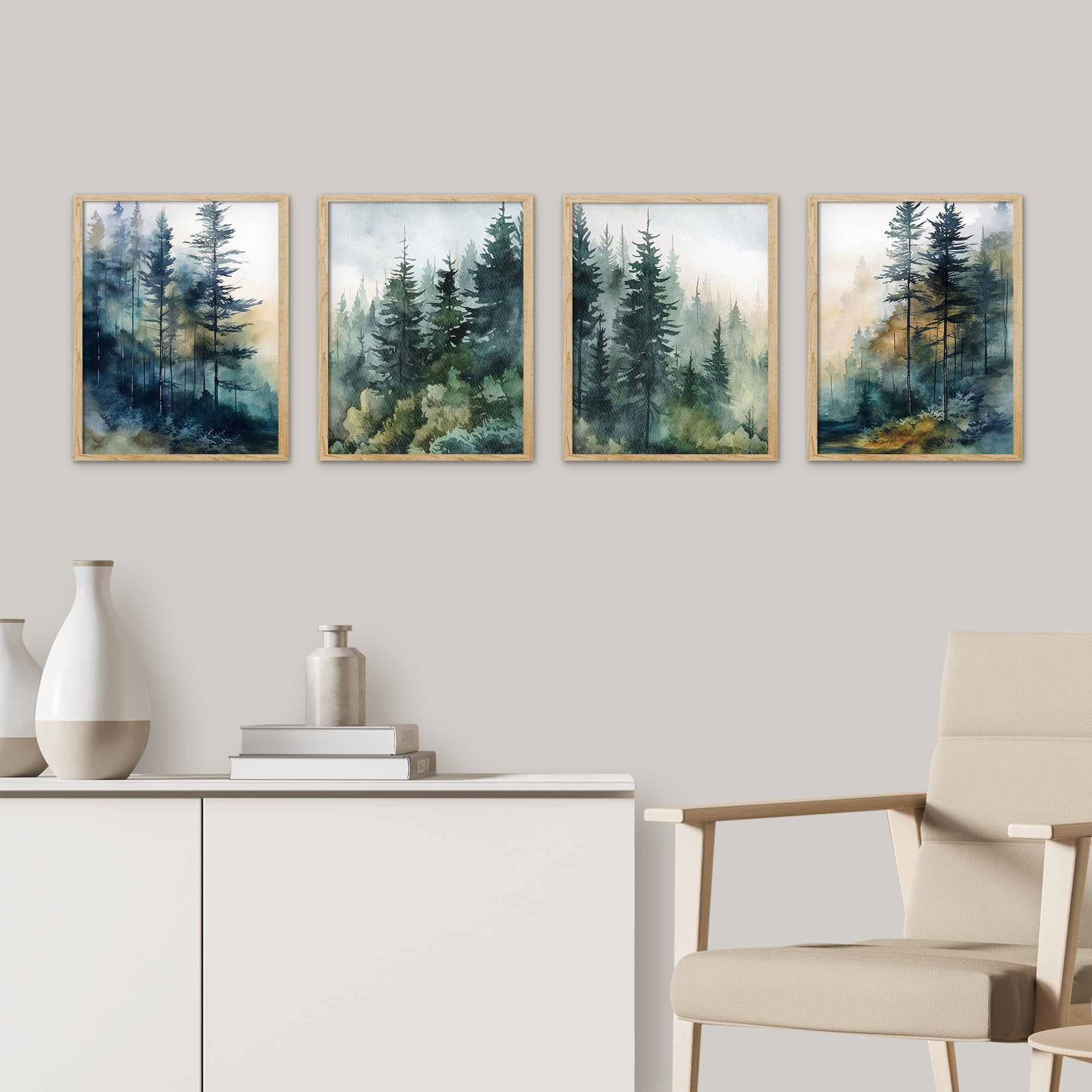 PixonSign Framed Wall Art Green & Teal Watercolor Forest Pine Trees ...